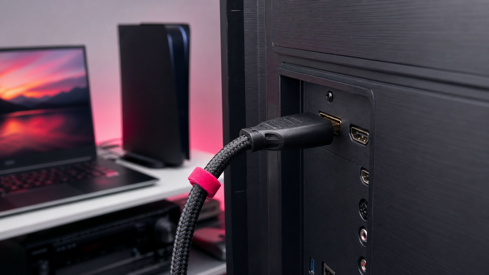 HDMI kabl priključen u televizor pored laptopa i audio video opreme