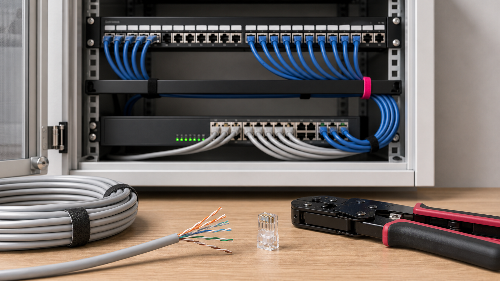 Mrežni kabl RJ45 konektor krimp klešta i uredna instalacija u mrežnom ormaru