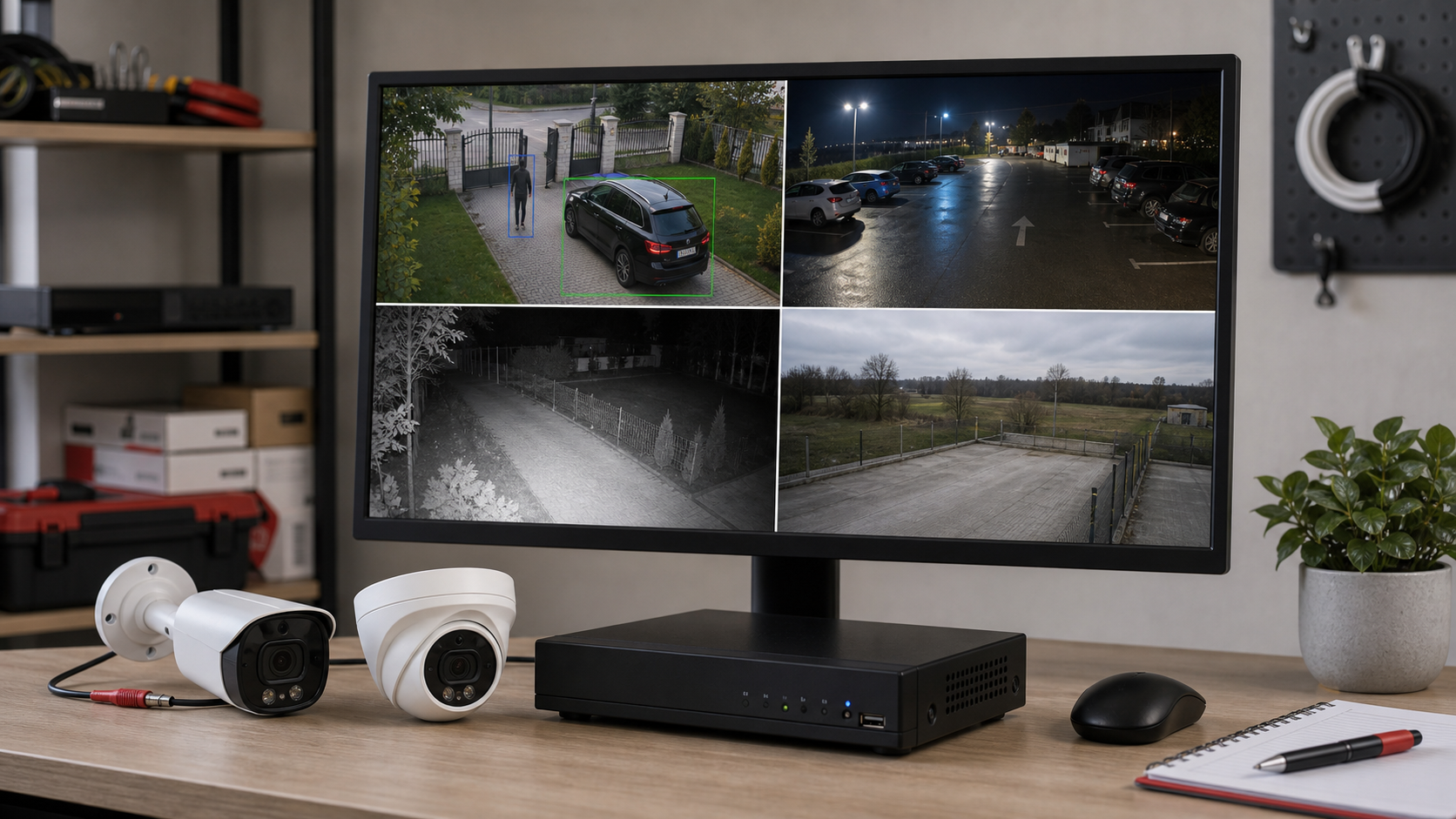 CCTV monitor sa prikazom AI detekcije, noćnog snimka i različitih tehnologija kamera