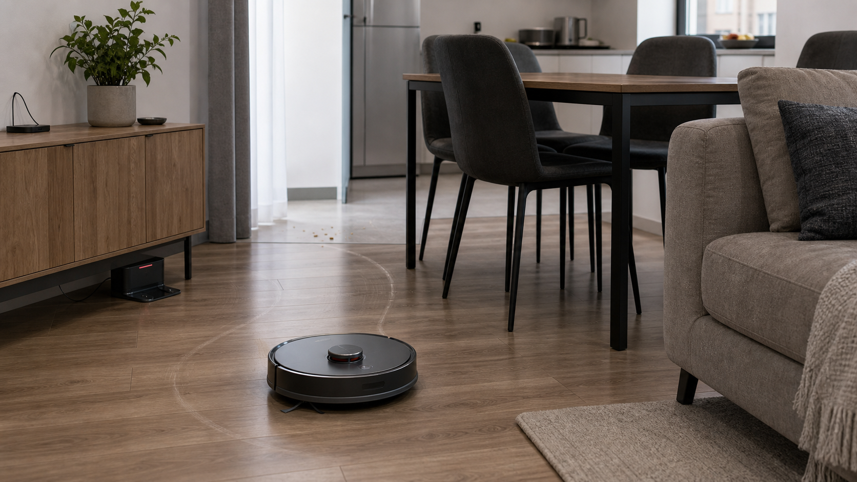 Robot usisivač sa LiDAR senzorom čisti dnevnu sobu dok je baza za punjenje ispod komode